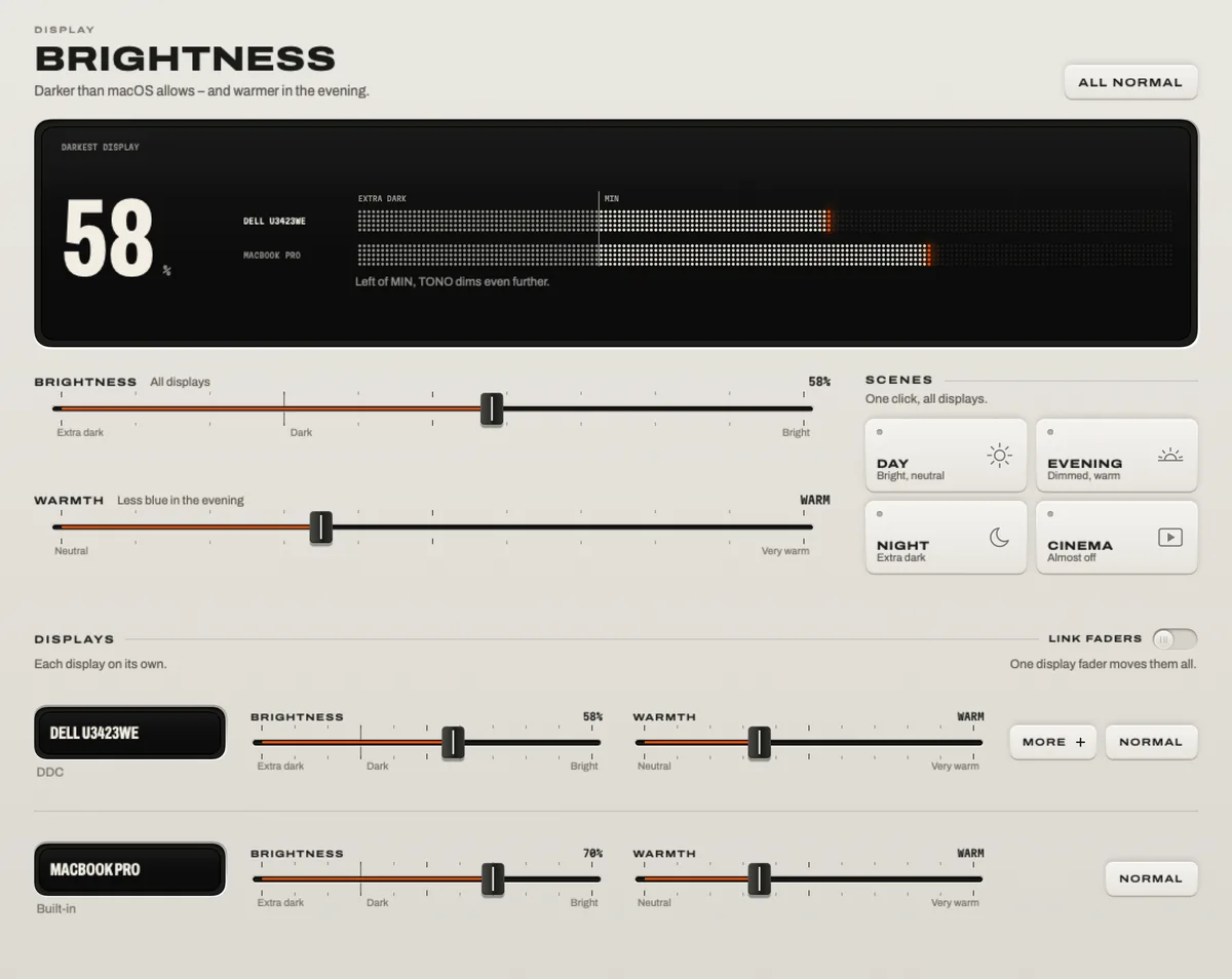Brightness: the darkest display at 58 percent in the glass with a bar for each display, the brightness and warmth faders for all displays, the scenes Day, Evening, Night and Cinema, and a brightness and a warmth fader for each display.