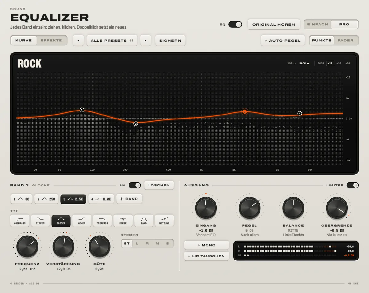 Der Equalizer im Modus Pro: eine Kurve über dem Live-Spektrum mit Bändern zum Ziehen, die Bandtypen und Regler für Eingang, Pegel, Balance und Ceiling.