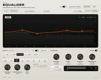Der Equalizer im Modus Pro: eine Kurve über dem Live-Spektrum mit Bändern zum Ziehen, die Bandtypen und Regler für Eingang, Pegel, Balance und Ceiling.