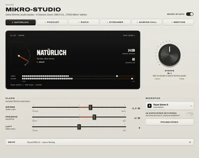 Mikro-Studio: die sechs Stimmen, das Display mit deiner Stimme vorher und nachher, der Regler Stärke, die Klangregler und das Mikrofon.