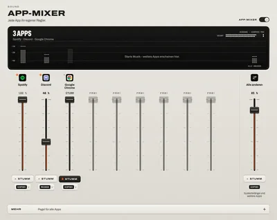 Der App-Mixer: Regler, Stummtaste und Ausgabe für Spotify, Discord und Google Chrome, und einer für alles andere.