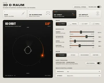 3D & Raum: die Modi Aus, 3D Surround, 8D Orbit und 4D Impact, die Bühne mit der kreisenden Quelle und die Einstellungen für Bahn, Bewegung, Raum und Kopf-Tracking.