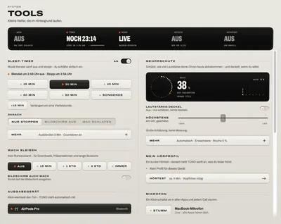 Tools: eine Statusanzeige für Wachbleiben, Sleep-Timer, Mikrofon, Hotkeys und Autostart, darunter der laufende Sleep-Timer, der Gehörschutz, Wachbleiben und Mikro stumm.