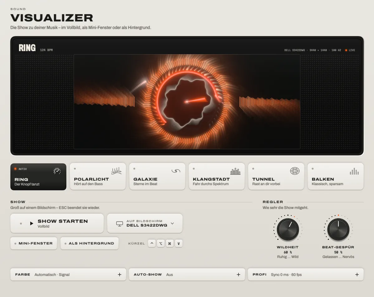 Der Visualizer: der Look Ring in der Vorschau, die sechs Looks und die Einstellungen für Show und Regler.