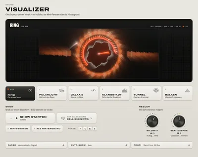 Der Visualizer: der Look Ring in der Vorschau, die sechs Looks und die Einstellungen für Show und Regler.