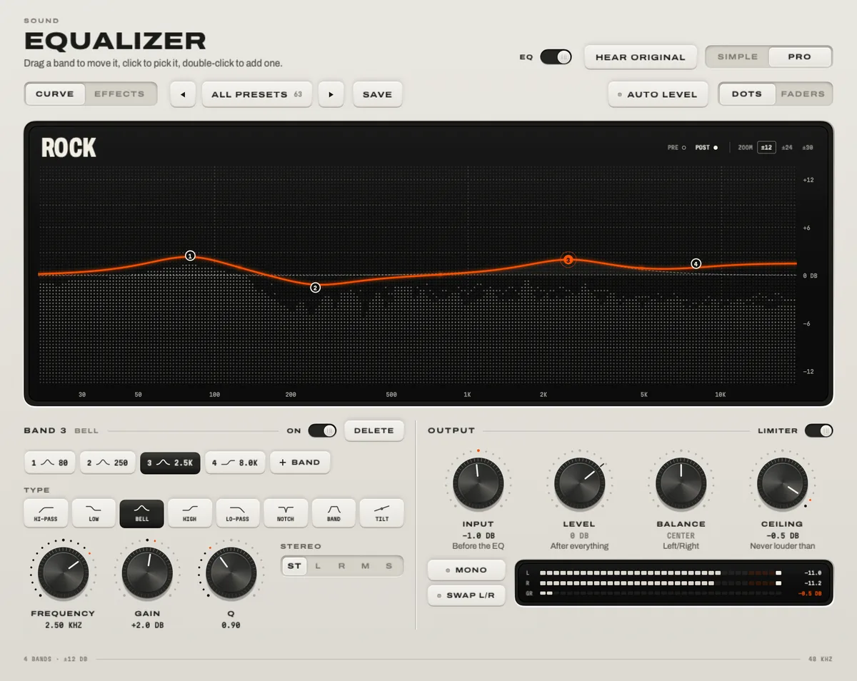 The Equalizer in Pro mode: a curve over the live spectrum with bands you drag, the band types, and knobs for input, level, balance and ceiling.
