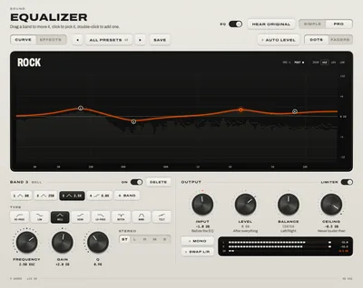 The Equalizer in Pro mode: a curve over the live spectrum with bands you drag, the band types, and knobs for input, level, balance and ceiling.