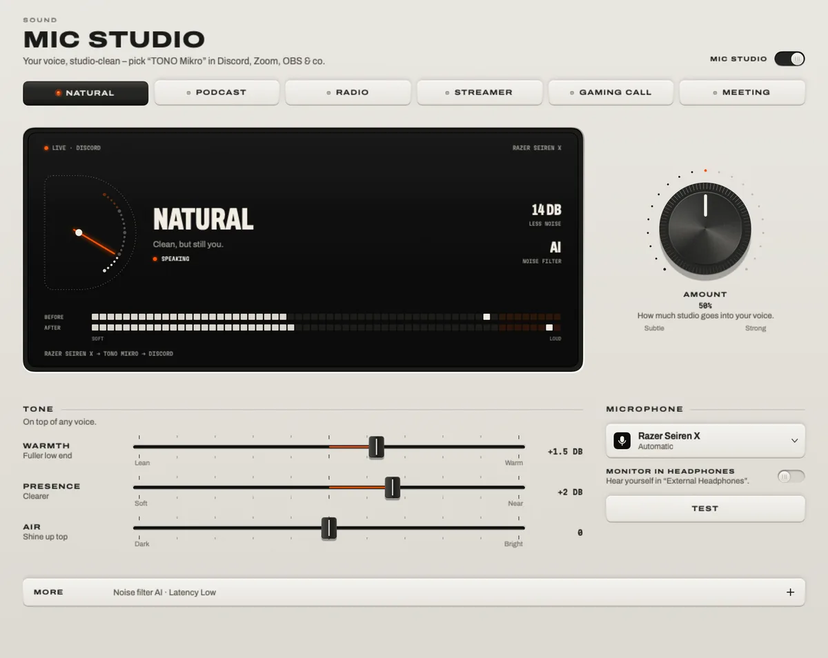 Mic Studio: the six voices, the display with your voice before and after, the Amount knob, the tone sliders and the microphone.