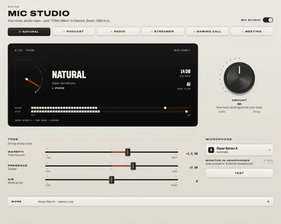 Mic Studio: the six voices, the display with your voice before and after, the Amount knob, the tone sliders and the microphone.