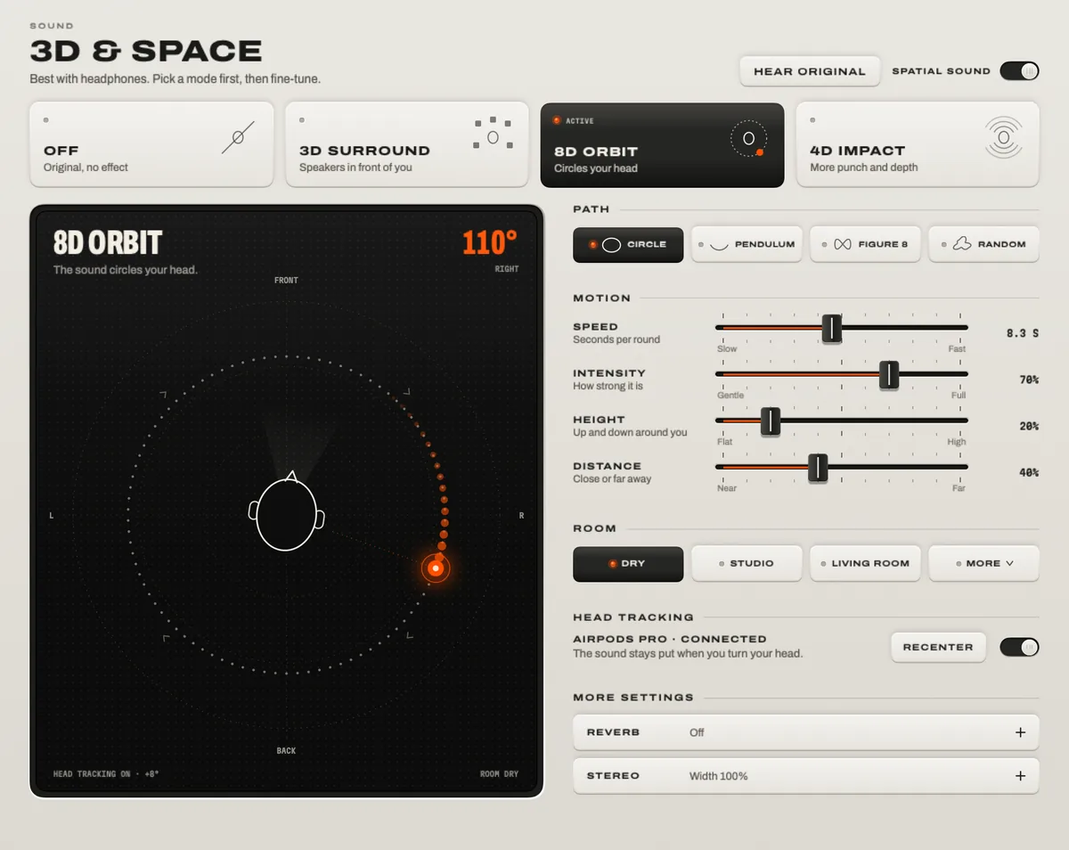 3D & Space: the modes Off, 3D Surround, 8D Orbit and 4D Impact, the stage with the orbiting source, and the path, motion, room and head-tracking settings.