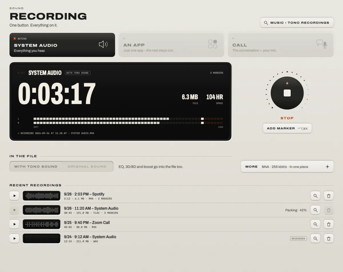Recording: system audio running with its level meters, the stop and marker keys, and the list of recent recordings.