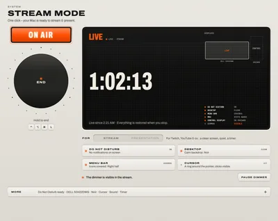 Stream Mode, live: the ON AIR key, the End knob, the time on air and the list of everything it switched.