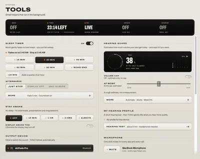 Tools: a status display for Stay Awake, the sleep timer, the microphone, hotkeys and autostart, then the running sleep timer, Hearing Guard, Stay Awake and Mic Mute.