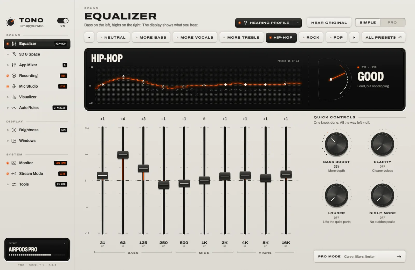 The TONO window: the Equalizer in Simple mode with a live curve and level display, ten faders and four quick-control knobs, and the sidebar listing every module.