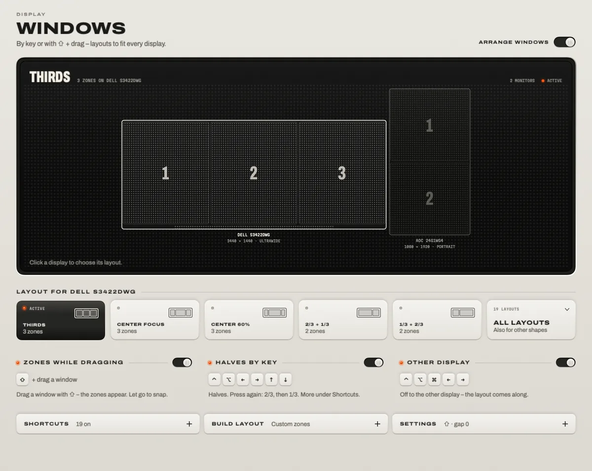 Windows: a display split into thirds, the layouts for it, and switches for zones while dragging, halves by key and the other display.
