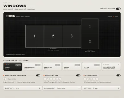 Windows: a display split into thirds, the layouts for it, and switches for zones while dragging, halves by key and the other display.