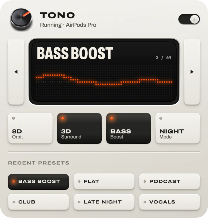O widget grande do TONO: o knob, a chave liga/desliga, o display do preset com a curva, as teclas 8D, 3D, Bass e Night, e os seis últimos presets.