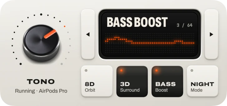 O widget médio do TONO: o knob dentro da escala, o display do preset entre duas teclas para trocar de preset, e as teclas 8D, 3D, Bass e Night.